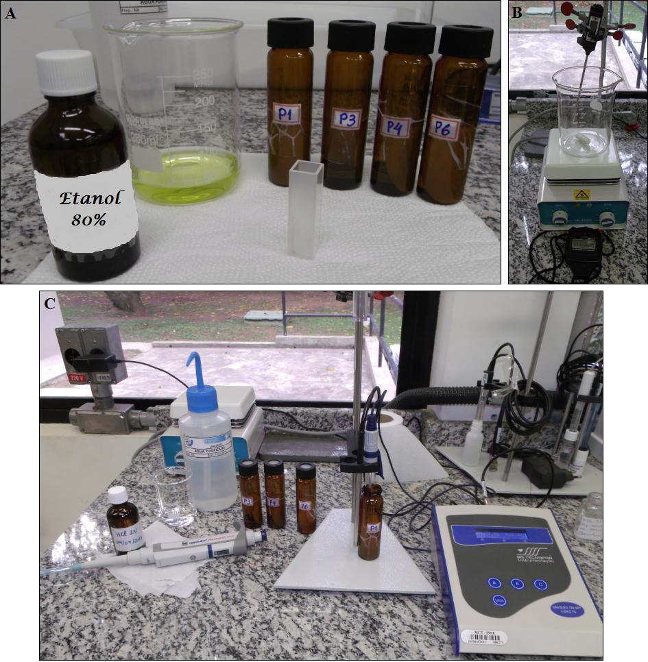 Figura 4.14 - (A) Extração da clorofila com etanol 80% e cubeta usada na leitura, (B) equipamento utilizado para o banho maria e (C) acidificação da amostra de clorofila extraída.