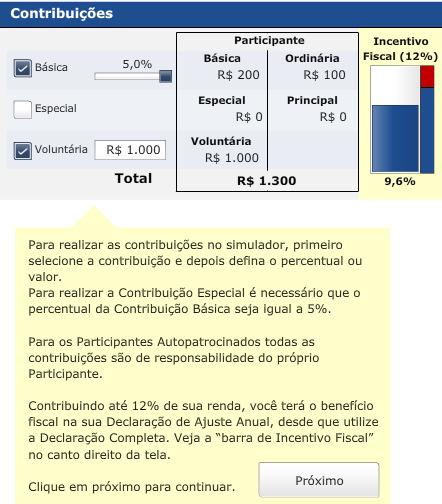 Passo 4: Simule sua Contribuição Básica clicando no botão correspondente e realizando sua opção pelo percentual a ser aplicado sobre o Salário, deslocando o botão sobre a barra.