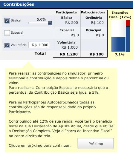 Passo 4: Simule sua Contribuição Básica clicando no botão correspondente e realizando sua opção pelo percentual a ser aplicado sobre o Salário, deslocando o botão sobre a barra.