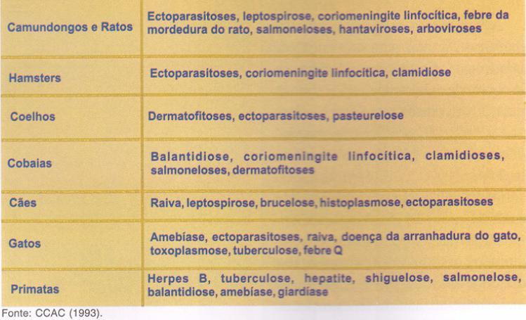 Zoonoses comumente associadas a animais de laboratório *Zoonoses são infecções ou infestações provocadas por agentes patogênicos transmitidos aos