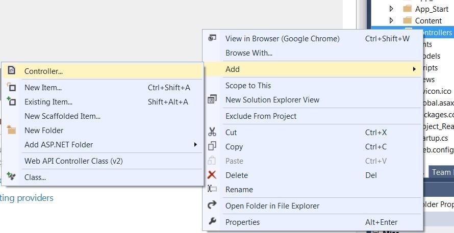 Criar um Controller No Solution Explorer, clique com o botão direito no diretório Controllers, clique em Add e então Controller; Em Add Scaffold, clique em MVC 5 Controller Empty e clique em