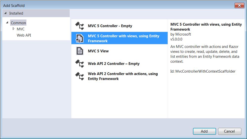 Scaffolded Item; Em Add Scaffold, escolher o template MVC 5