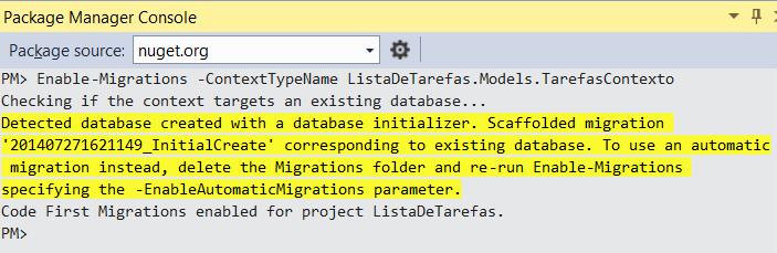 Migrações da Base de Dados Como o modelo mudou precisa atualizar a sua base de dados utilizando Code First Migrations; Acesse o prompt do Package Manager Console, digite