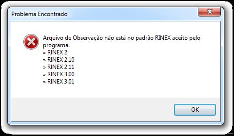 Arquivos que não podem ser lidos por não estarem de acordo com o formato RINEX são informados ao usuário através da mensagem da figura 4 Figura 3 Arquivo não lido 41 Cálculos Parciais Após a seleção