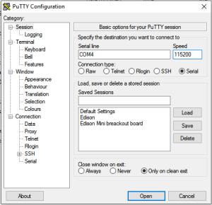 Imagem configuração Putty Selecione a tecla Open e a janela do Putty se abrirá. Aperte a tecla Enter do seu teclado para habilitar a conexão e inserir os comandos.