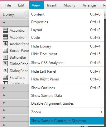 Com o Scene Builder ainda aberto com o arquivo ViewFXML.fxml Acesse a opção O View / Show Sample Controller Skeleton 1 Será apresentada a janela Sample Sekeleton For ViewFXML.