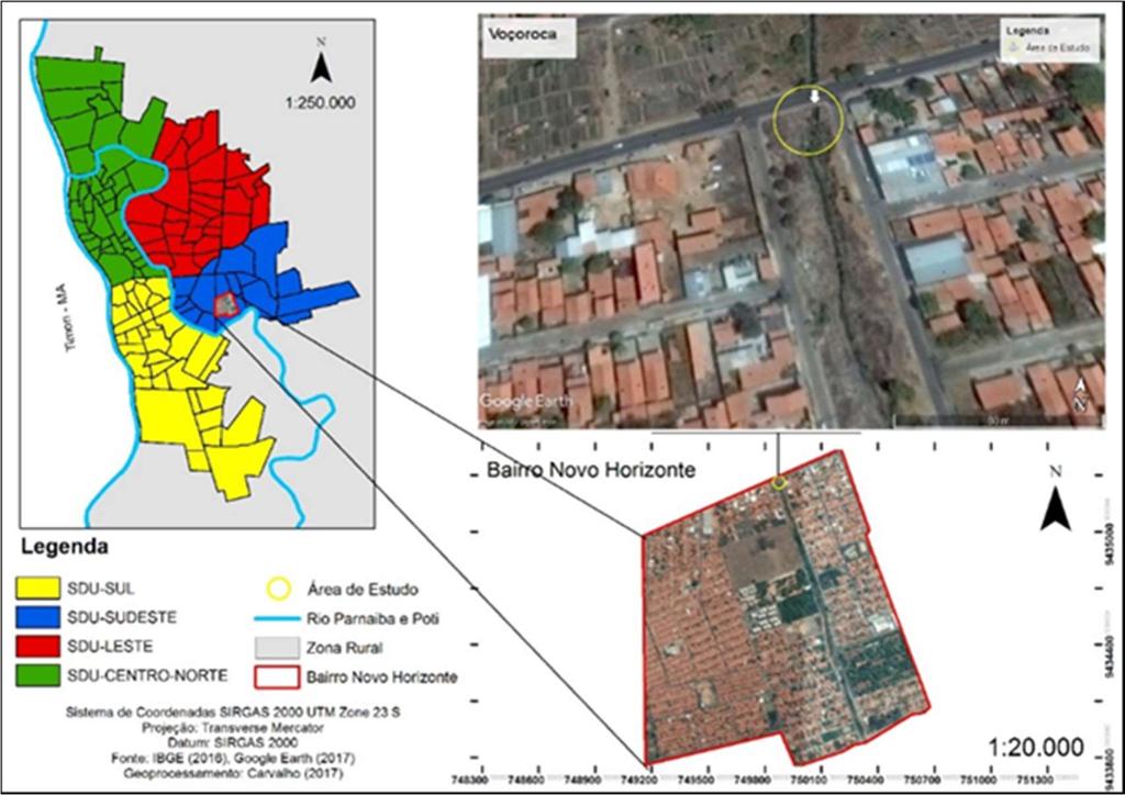 Figura 1- Localização da área de estudo no espaço urbano de Teresina, PI. Fonte: IBGE (2016); Google Earth (2017). Geoprocessamento: Orleando Leite de Carvalho (2017).