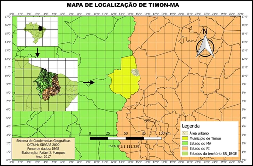 Fonte: base de dados IBGE, Software QGIS. MARQUES, A base geológica do município de Timon se assemelha a de Teresina - PI, sendo composta pela formação Pedra de Fogo (datada do Período Permiano).