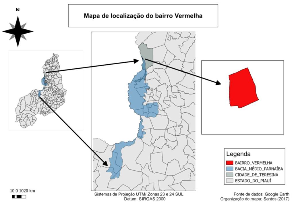 Figura 1. Mapa de localização do bairro Vermelha, município de Teresina, estado do Piauí Fonte: IBGE (2010). Elaboração dos autores (2017).