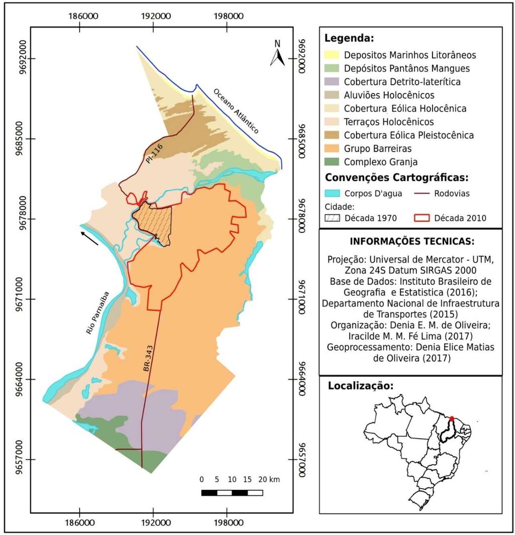 Figura 1 Mapa geológico do município de Parnaíba, Piauí, destacando os limites da área urbana nas décadas de 1970 e 2010 Base de dados: IBGE (2016); DNIT (2015). Org.: As autoras (2017).