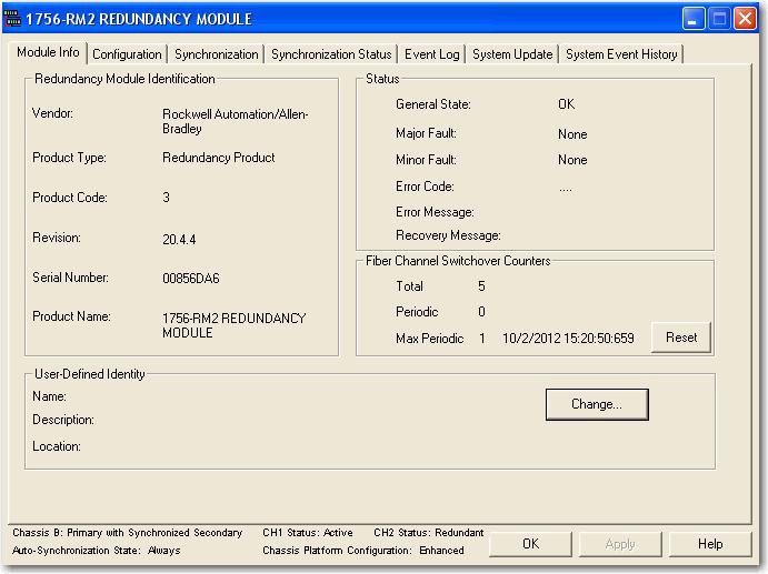 Capítulo 6 Configurar os módulos de redundância Guia Module Info A guia Module Info da RMCT fornece uma visão geral da identificação do módulo de redundância e informações de status.