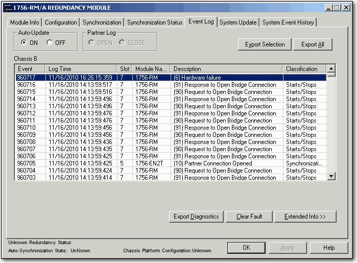 Capítulo 6 Configurar os módulos de redundância Remover uma falha Você pode usar o recurso Clear Fault na guia Event Log para remover as principais falhas que ocorrem em um módulo de redundância.