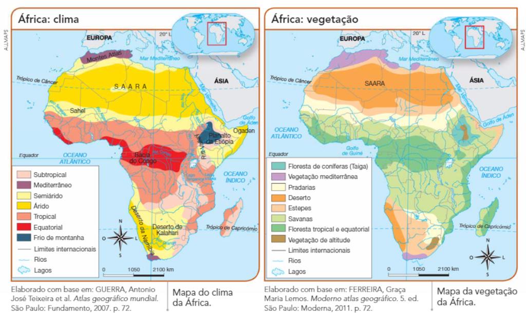 a) Lcalize a regiã d Sahel e caracterize tip de clima e a vegetaçã predminante: Clima e características: Vegetaçã e ecaracterísticas: b) A partir da análise ds mapas de clima e vegetaçã da África,