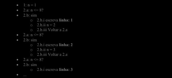 ESTRUTURAS DE REPETIÇÃO 101 O resultado da execução do programa ForSimples é o seguinte: linha: 1 linha: 2 linha: 3 linha: 4 linha: 5 linha: 6 linha: 7 linha: 8 Para entender melhor tal resultado,