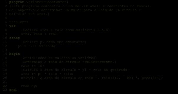 Apêndice C Exemplos de Código 135 Apêndice C Exemplos de Código C1 - Tipos, Variáveis e Constantes C.1.1 - Este programa demonstra o uso de variáveis e constantes no Pascal.