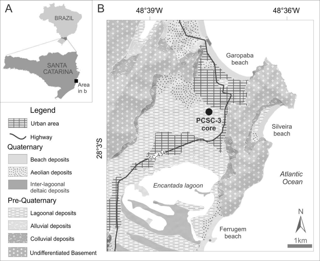 Figure 1. General location of Santa Catarina in Brazil (A), the PCSC-3 core (Garopaba municipality), (B) including the main Quaternary and pre-quaternary deposits (modified from Horn Filho et al.