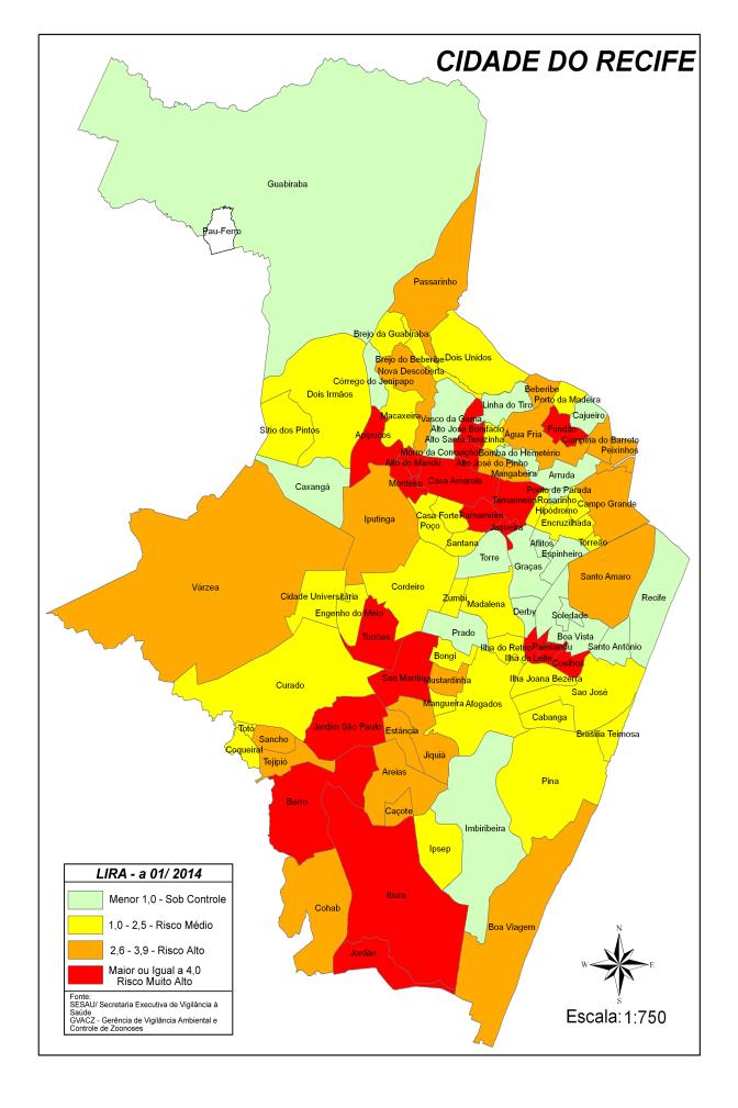 Figura 2 - Comparação entre os levantamentos do índice de infestação por Aedes aegypti (LIRAa) e notificações de dengue. Recife, 2014 (até a semana epidemiológica 14).