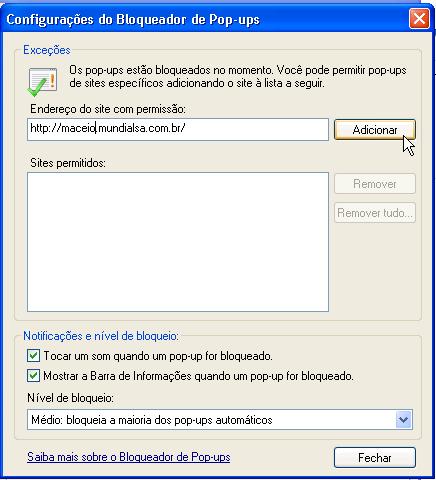 Na janela Configurações do Bloqueador de Pop-ups digite o