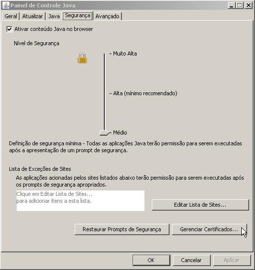 3.2. Acessar a guia Segurança e clicar no botão Gerenciar Certificados.