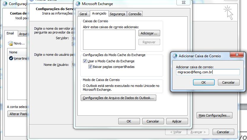 10. Abrirá a janela Configuração do Servidor da conta, clique em mais configurações; 11.