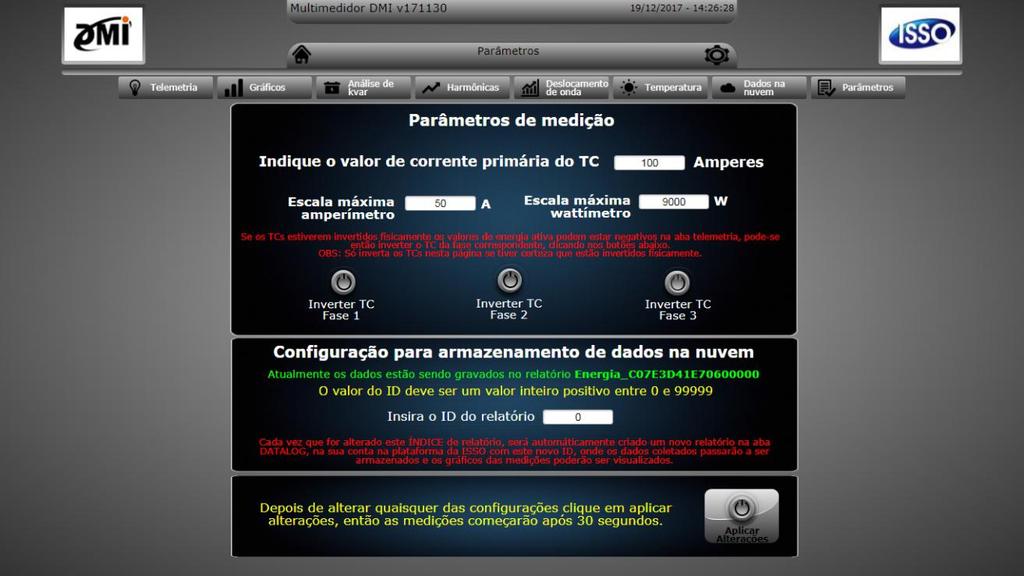 A primeira tela apresentará a interface e suas páginas internas, conforme abaixo: Parametrização do DMI: O primeiro passo para que o DMI execute suas funções de medição das grandezas elétricas