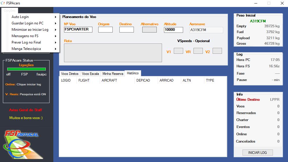 5) Programar o FSPAcars : Informação: Origem: Departure ICAO (4 digitos) voo charter - Departure IATA (3 digitos) pesquisa voo real.