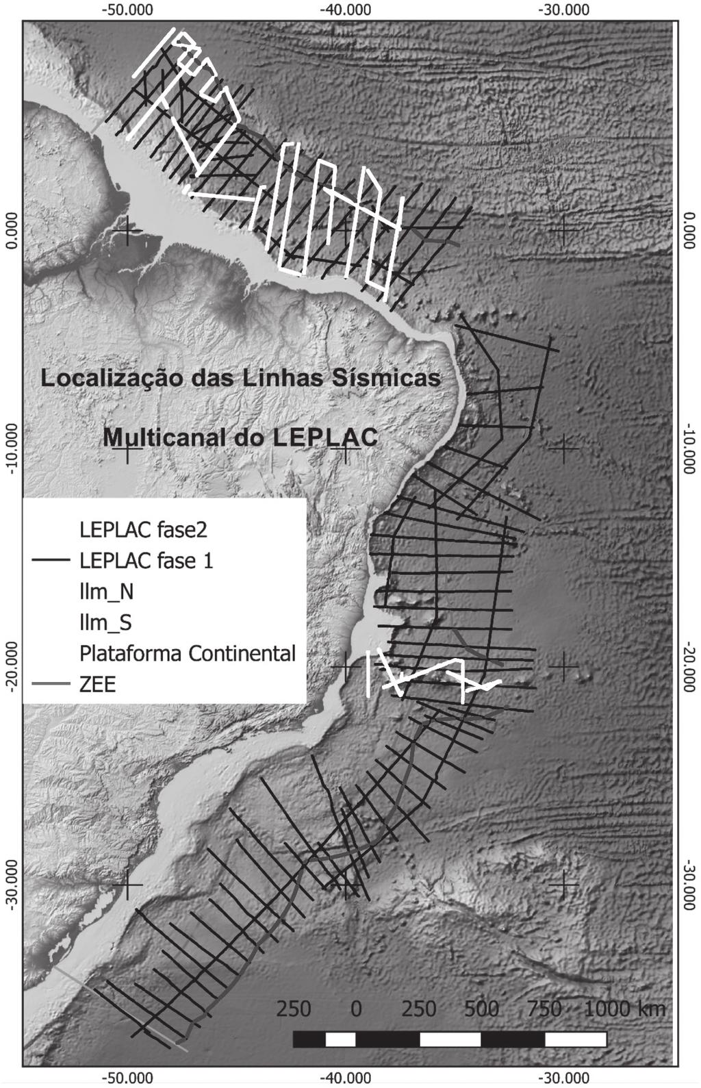 figura 8 Mapa regional da margem continental do Brasil com os levantamentos sísmicos do Leplac das fases I e II quatro navios de pesquisas.