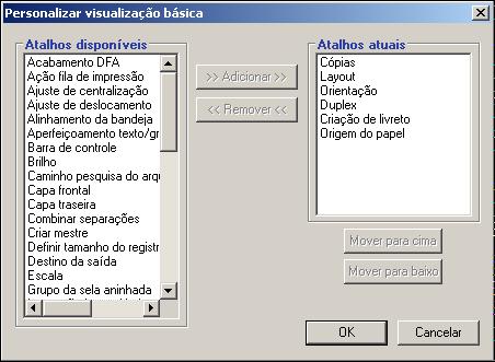 IMPRESSÃO 56 4 Clique no ícone Básico e em Personalizar. A caixa de diálogo Personalizar visualização básica é exibida. A caixa de diálogo contém os atalhos para as opções de impressão.