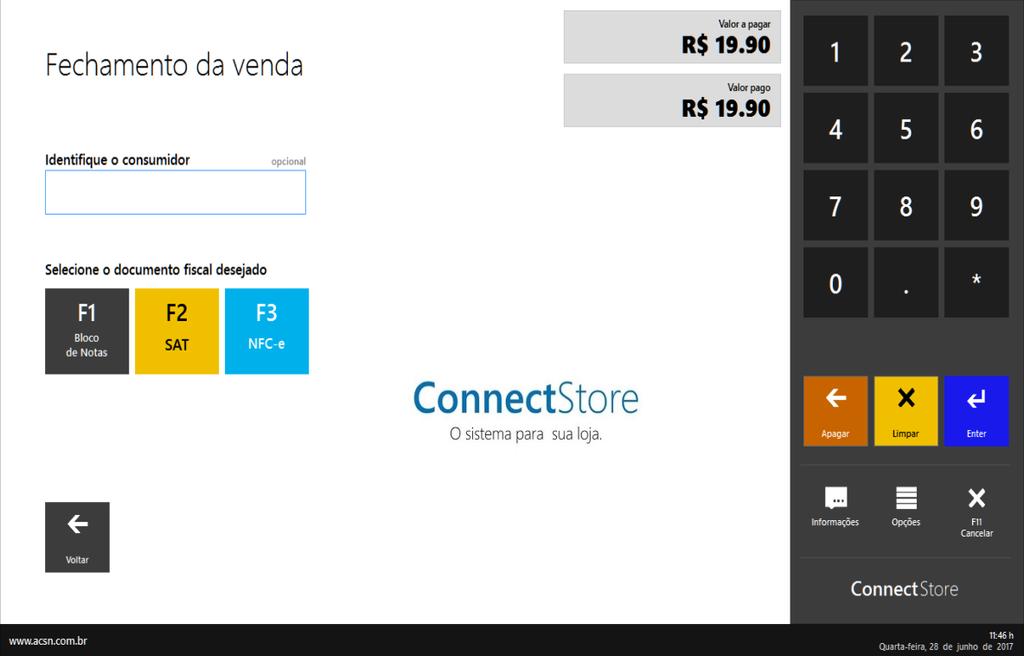 Documento fiscal no fechamento da venda Para facilitar o processo de emissão de vendas no Frente de Caixa, a seleção do documento fiscal foi alterada para o final do processo de lançamento.