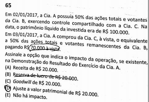 13) (FGV/SEFIN-RO/Auditor Fiscal de Tributos Estaduais/2018) Comentário: A contabilização na Cia A fica assim: D Investimento Cia C (Ativo) 70.000 C Caixa (Ativo) 70.