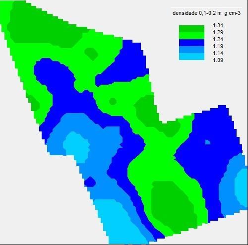 Figura 2- Mapa de distribuição espacial de densidade do solo na camada de 0,1 0,2 m resultante da krigagem ordinária. Fazenda Juliana, Monte Carmelo, MG, 2016.