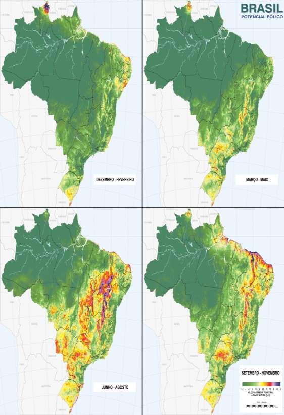 Figura 4: Conjunto de mapas representando o potencial eólico brasileiro por estações do ano. Fonte: Atlas do Potencial Eólico Brasileiro, 2011, p. 32.