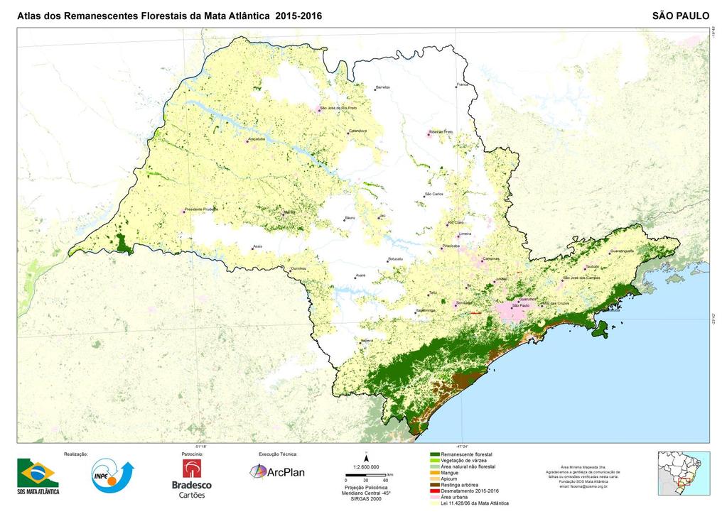 UF SP Área do Estado 24.821.183 Área na Lei no 11.428/2006 17.071.302 69% SÃO PAULO Mata em 2016 2.346.