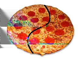Mas ao invés de simplesmente cortada ao meio com um segmento de reta, a pizza foi dividida com um S. A menina olhando com ar espantado.