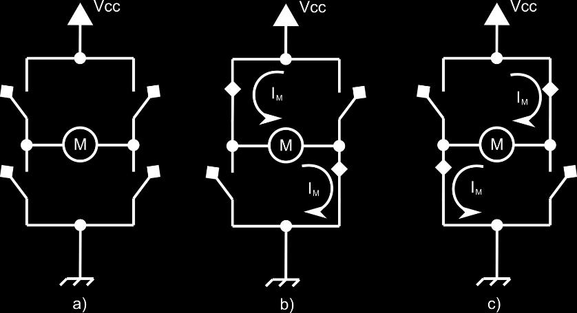 O circuito utiliza quatro chaves semicondutoras de forma alternada, dependendo da polaridade de Vcc.