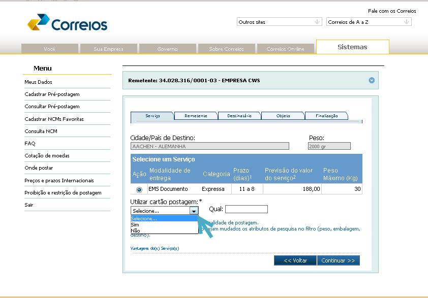 O campo Utilizar cartão de postagem será acionado. Cliente com contrato com os Correios para as postagens internacionais deverá informar como será realizado o pagamento a Faturar ou à vista.