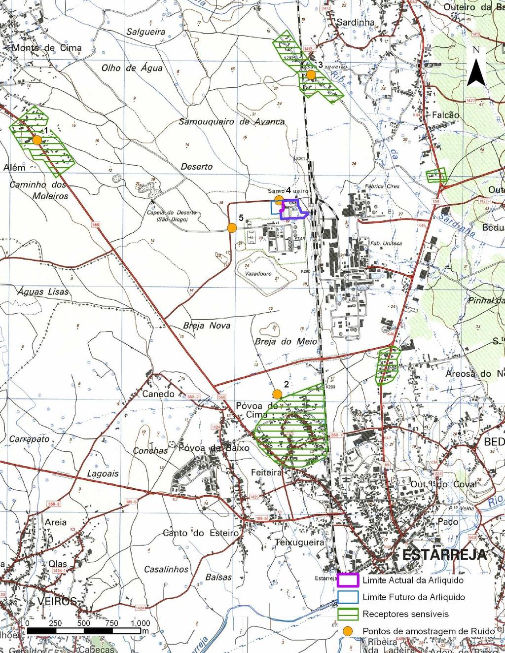 Figura 2 Localização das zonas sensíveis e dos pontos de medição de ruído na envolvente da Arlíquido.