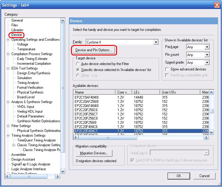 O modelo do dispositivo lógico programável em uso pelo circuito e o presente no arquivo de importação também devem coincidir.