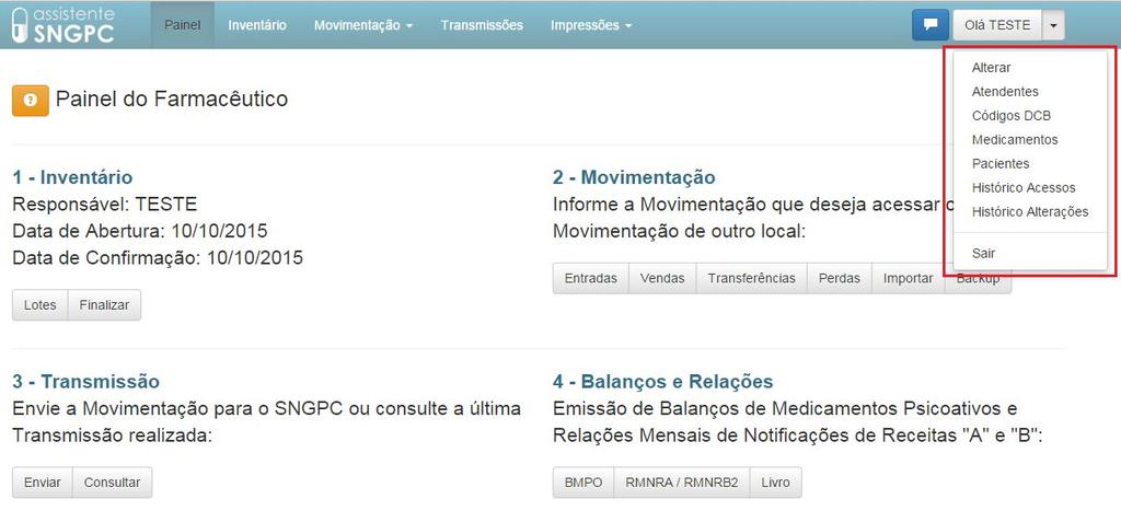 8. Menu do usuário Através do menu do usuário o farmacêutico poderá alterar os dados de cadastro da farmácia/ drogaria, cadastrar e editar atendentes, consultar