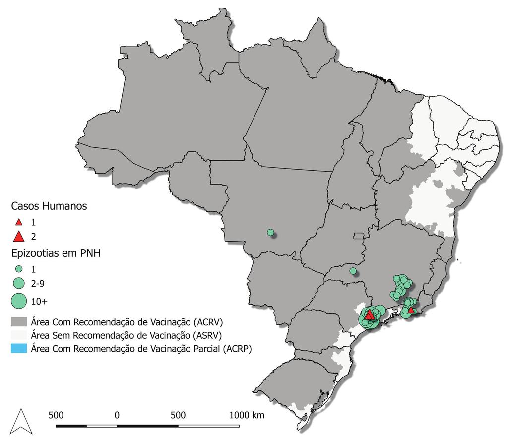 Os locais de transmissão registrados nesse período de monitoramento estão dispostos em Mato Grosso, Minas Gerais, Rio de Janeiro e São Paulo (Figuras e ), onde ações de intensificação da vacinação e