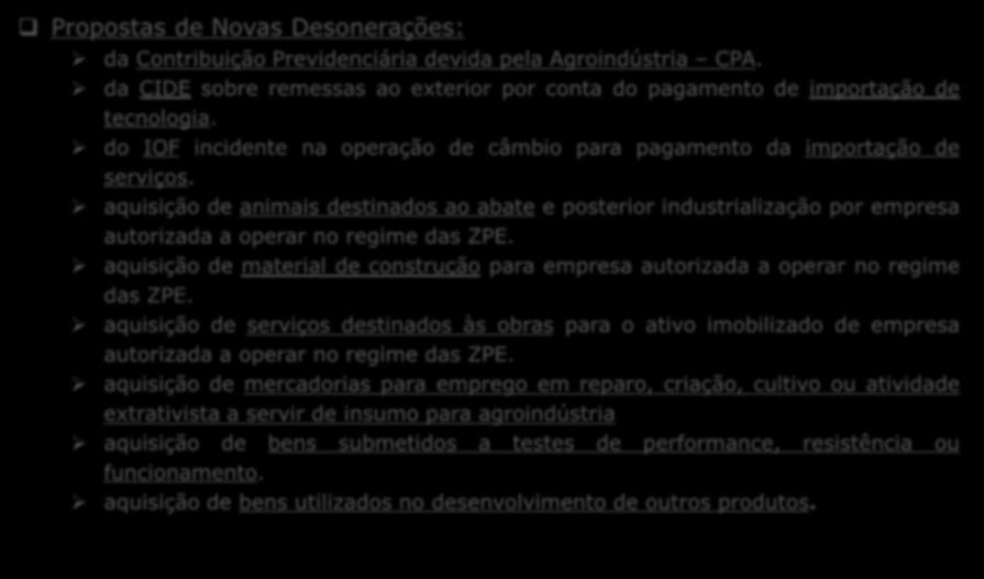 Propostas de Modificação do Marco Legal das ZPE PLS N o 5.957/2013 DEMAIS PROPOSTAS Propostas de Novas Desonerações: da Contribuição Previdenciária devida pela Agroindústria CPA.