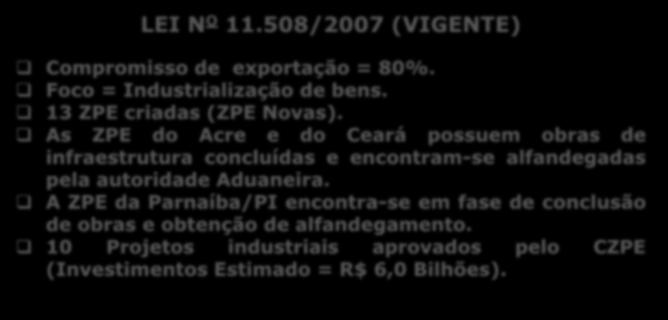 508/2007 (VIGENTE) Compromisso de exportação = 80%. Foco = Industrialização de bens. 13 ZPE criadas (ZPE Novas).