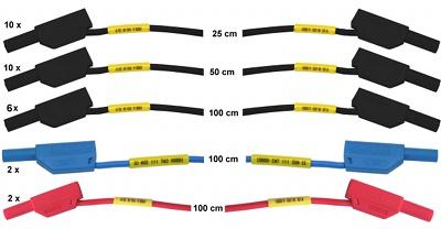 46 Set of safety measurement cables 4mm (30pcs) SO5148-2A 1 This set consists of: 10 safety connection leads, 4mm, 25cm, black 10 safety connection leads, 4mm, 50cm, black 2 safety connection leads,