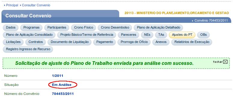 O sistema exibirá a mensagem Solicitação de Ajuste do Plano de Trabalho enviada para análise com sucesso. e que sua situação agora é de Em Análise, conforme Figura 14.