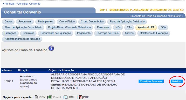 Na aba Dados, o sistema exibe um novo campo chamado SubSituação onde há a informação que está como Em ajuste do Plano de Trabalho.