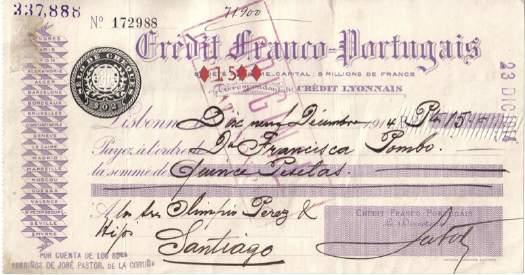 Francês 15 Credit Lyonnais Cheque bancário - Timbre sem moldura 190 20r R.P. Escr. Francês. Preto 15 191 2c R.P. Lisbonne Escr. Francês. EF de 15 Espanha.