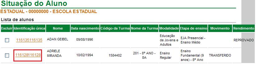 Para alterar informação de Rendimento/Concluinte, Curso em andamento/ Sem movimentação