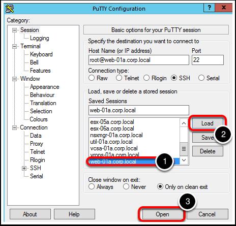 Abrir sessão do PuTTY com web-01a para testar comunicação entre VMs Se você fechou a sessão anterior do PuTTY, abra-a novamente pela barra de tarefas de início rápido do Windows. 1.
