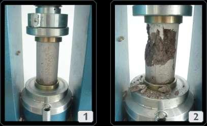 A Figura 9 ilustra o ensaio de resistência mecânica à compressão nos corpos-de-prova de concreto antes e após a sua ruptura.