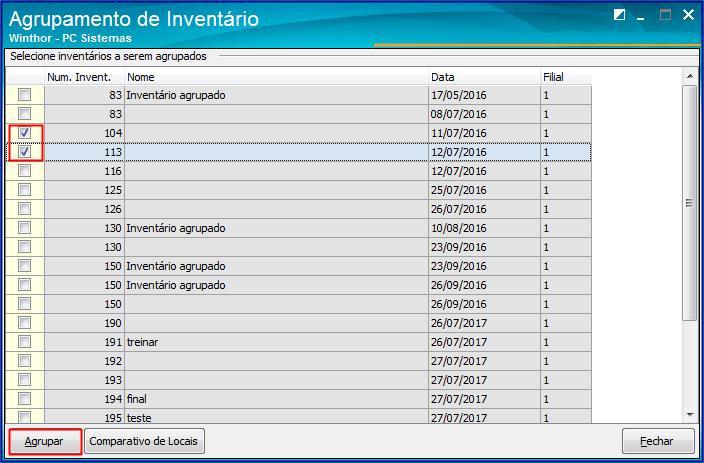 2.19 Selecione 2 ou mais inventários, conforme necessidade, em seguida clique o botão Agrupar; 2.